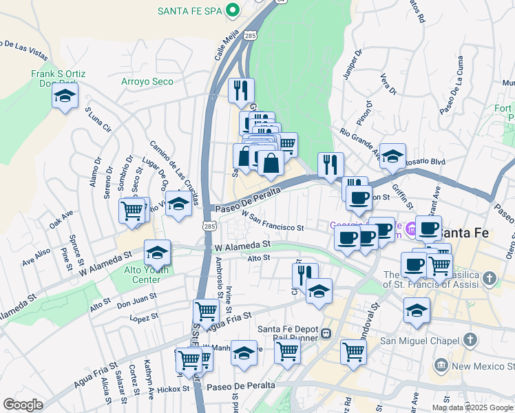 map of restaurants, bars, coffee shops, grocery stores, and more near 665 1/2 West San Francisco Street in Santa Fe