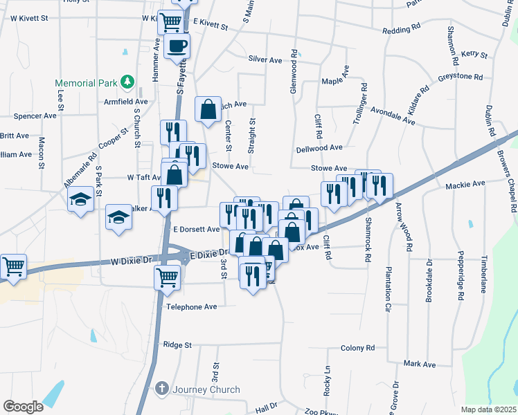 map of restaurants, bars, coffee shops, grocery stores, and more near 456 Lindsey Avenue in Asheboro