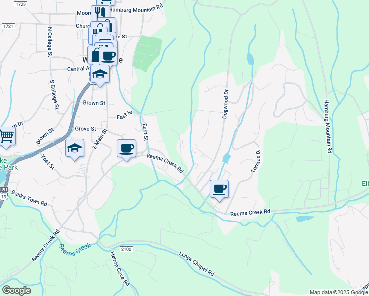 map of restaurants, bars, coffee shops, grocery stores, and more near 17 Shanna Drive in Weaverville
