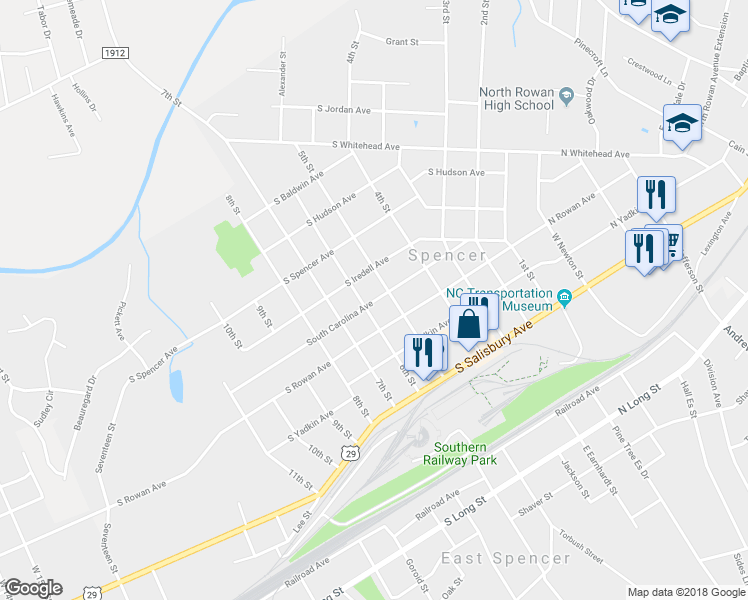 map of restaurants, bars, coffee shops, grocery stores, and more near 510 South Carolina Avenue in Spencer