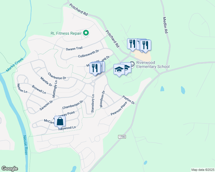 map of restaurants, bars, coffee shops, grocery stores, and more near 100 Woodson Drive in Clayton