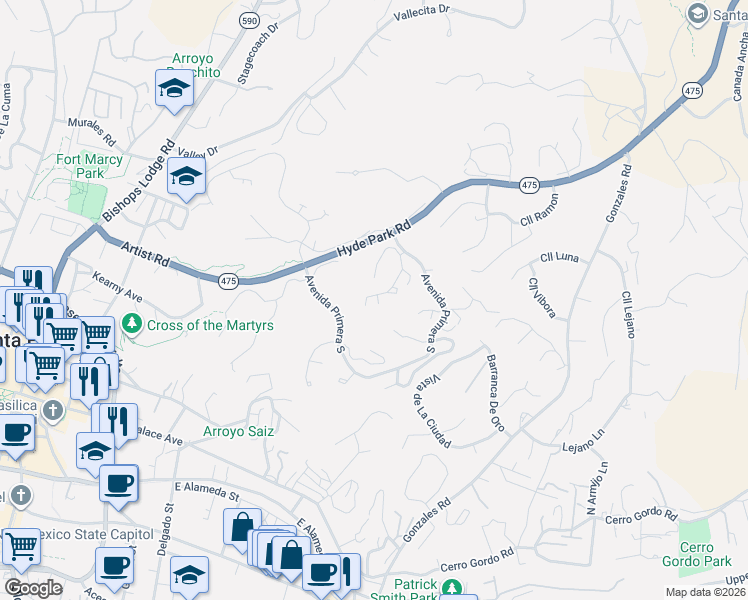 map of restaurants, bars, coffee shops, grocery stores, and more near 768 Calle Altamira in Santa Fe