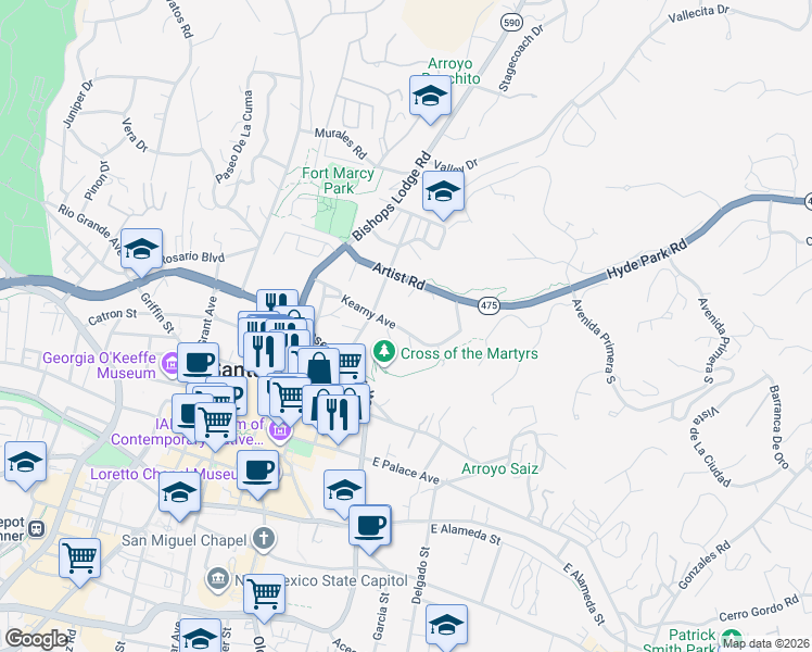 map of restaurants, bars, coffee shops, grocery stores, and more near 320 Kearney Avenue in Santa Fe