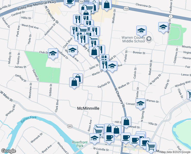 map of restaurants, bars, coffee shops, grocery stores, and more near 119 Martin St in McMinnville
