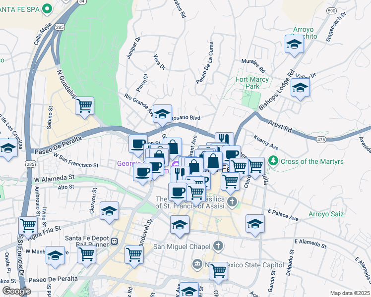map of restaurants, bars, coffee shops, grocery stores, and more near 100 Catron Street in Santa Fe