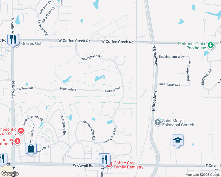 map of restaurants, bars, coffee shops, grocery stores, and more near 217 Hollowdale in Edmond