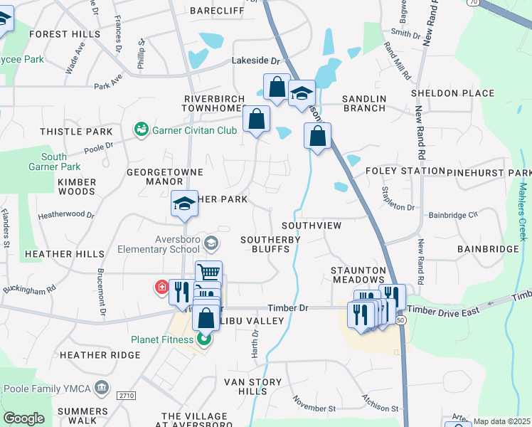 map of restaurants, bars, coffee shops, grocery stores, and more near 100 Mariah Towns Way in Garner
