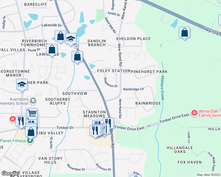 map of restaurants, bars, coffee shops, grocery stores, and more near 1316 Stapleton Drive in Garner