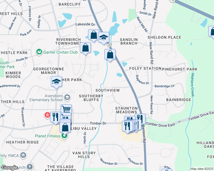 map of restaurants, bars, coffee shops, grocery stores, and more near 408 Southerby Drive in Garner