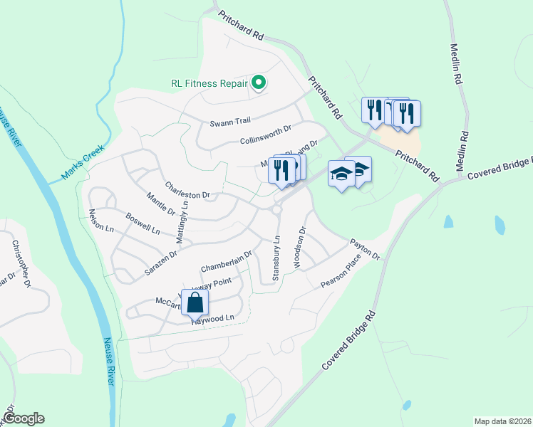 map of restaurants, bars, coffee shops, grocery stores, and more near 448 Charleston Drive in Clayton