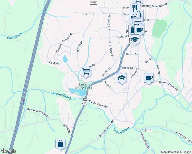 map of restaurants, bars, coffee shops, grocery stores, and more near 10 Metcalf Drive in Weaverville