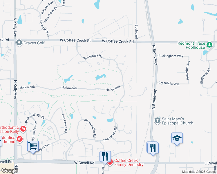 map of restaurants, bars, coffee shops, grocery stores, and more near 217 Hollowdale in Edmond