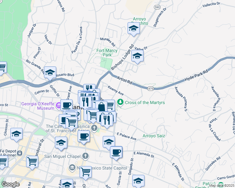 map of restaurants, bars, coffee shops, grocery stores, and more near 339 Otero Street in Santa Fe