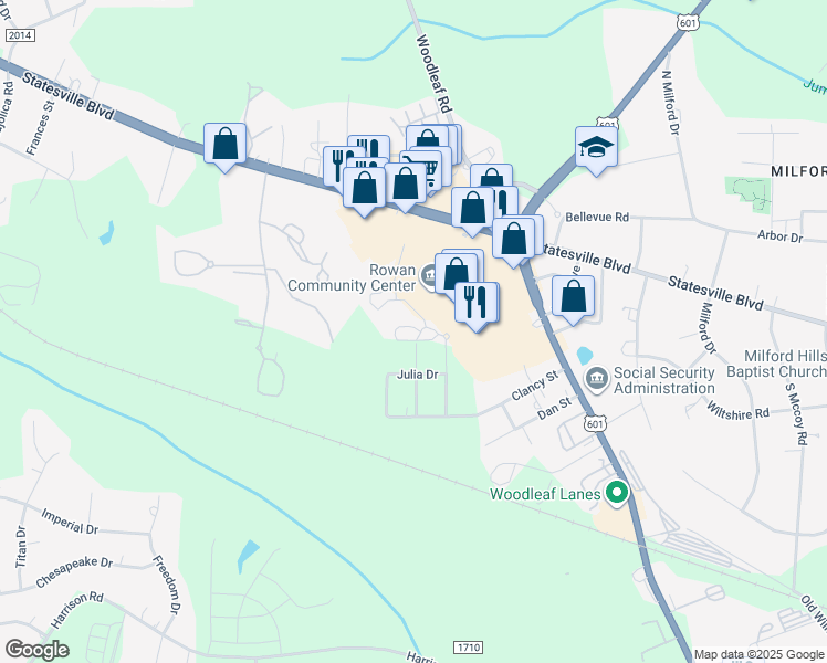 map of restaurants, bars, coffee shops, grocery stores, and more near 100 Donner Drive in Salisbury