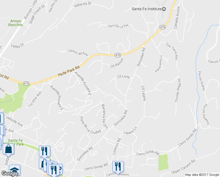 map of restaurants, bars, coffee shops, grocery stores, and more near 1202 Calle Luna in Santa Fe