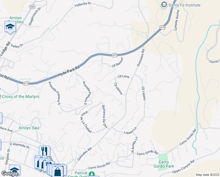 map of restaurants, bars, coffee shops, grocery stores, and more near 1202 Calle Luna in Santa Fe