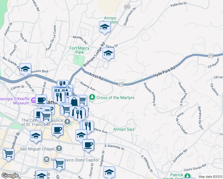 map of restaurants, bars, coffee shops, grocery stores, and more near 46 Prince Avenue in Santa Fe