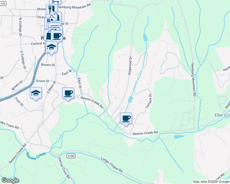 map of restaurants, bars, coffee shops, grocery stores, and more near 15 Woodstone Drive in Weaverville