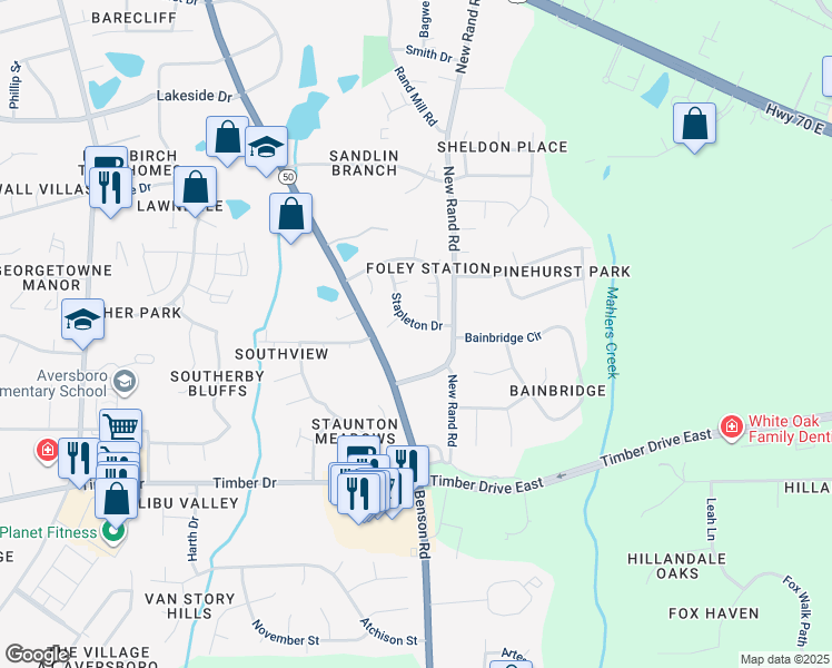 map of restaurants, bars, coffee shops, grocery stores, and more near 1316 Stapleton Drive in Garner