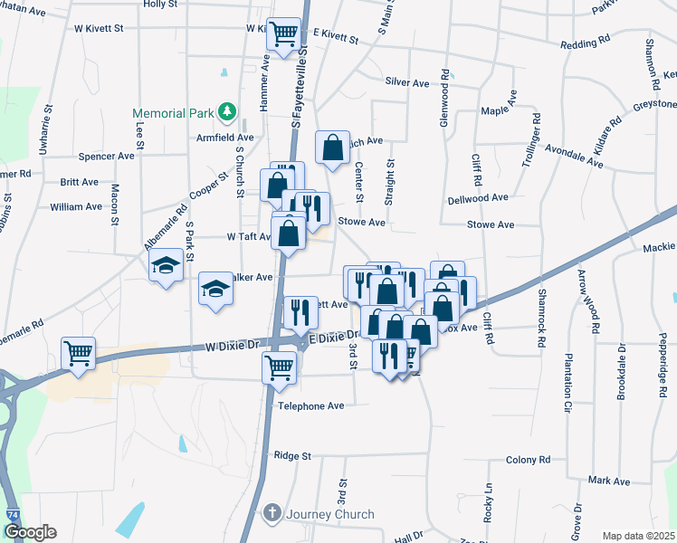map of restaurants, bars, coffee shops, grocery stores, and more near 1133 Oakdale Street in Asheboro