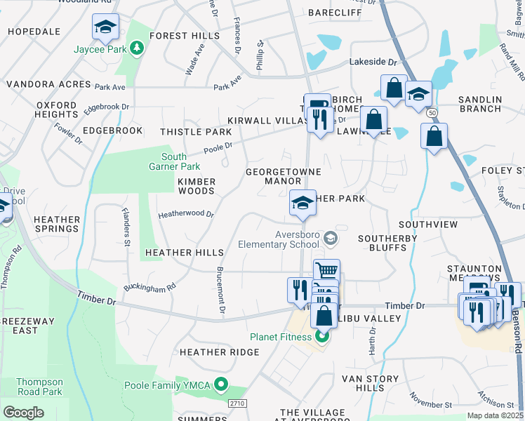 map of restaurants, bars, coffee shops, grocery stores, and more near 1100 Brucemont Drive in Garner