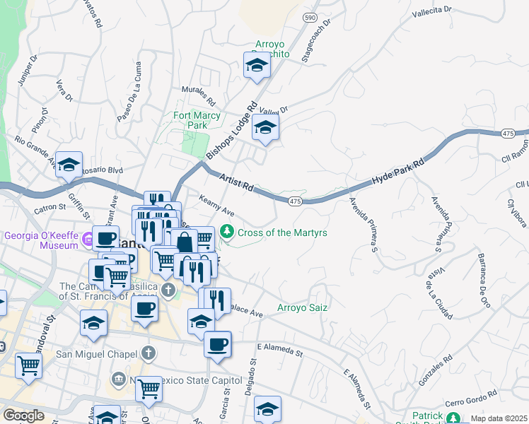 map of restaurants, bars, coffee shops, grocery stores, and more near 46 Prince Avenue in Santa Fe
