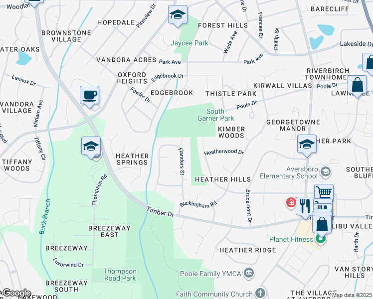 map of restaurants, bars, coffee shops, grocery stores, and more near 1103 Flanders Street in Garner