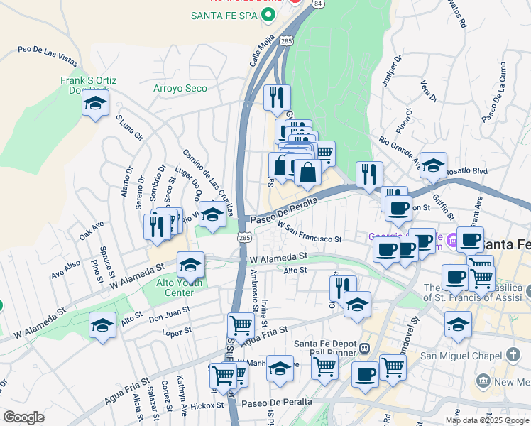 map of restaurants, bars, coffee shops, grocery stores, and more near 1131 Paseo De Peralta in Santa Fe