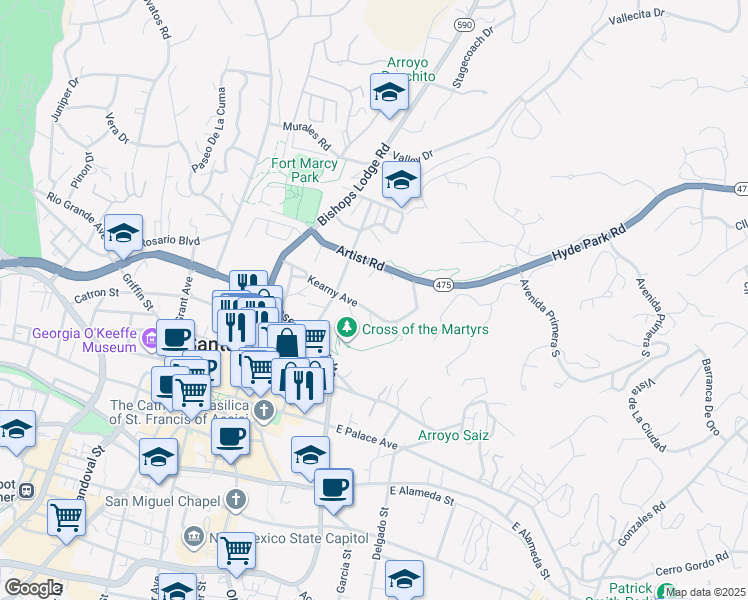map of restaurants, bars, coffee shops, grocery stores, and more near 320 Artist Road in Santa Fe