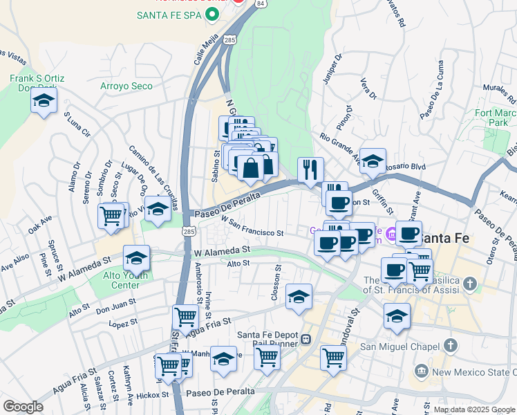 map of restaurants, bars, coffee shops, grocery stores, and more near 115 Jimenez Street in Santa Fe