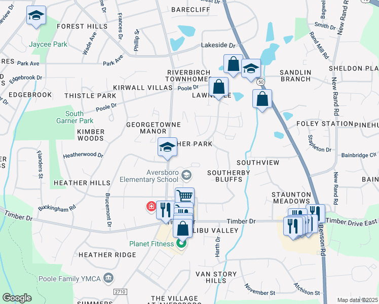 map of restaurants, bars, coffee shops, grocery stores, and more near 925 Heather Park Drive in Garner