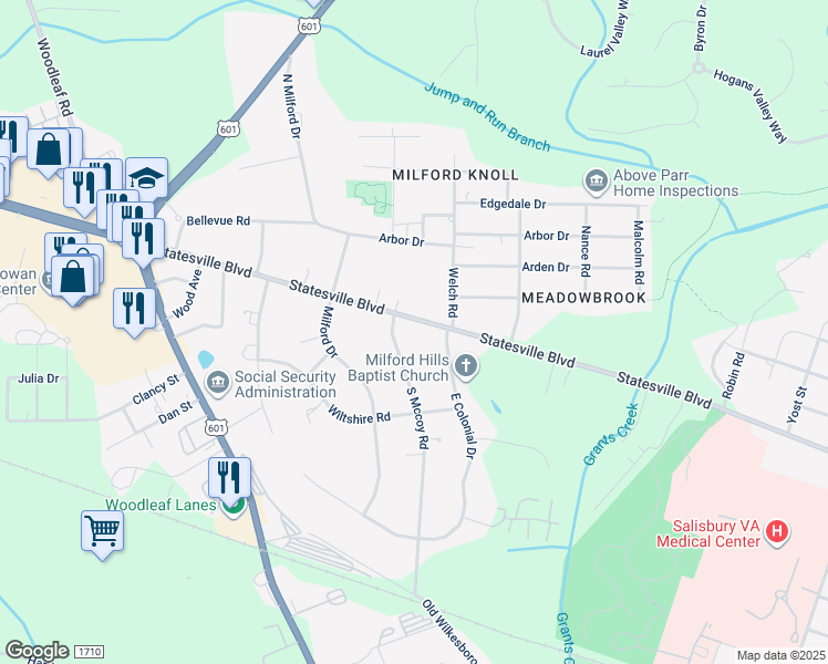 map of restaurants, bars, coffee shops, grocery stores, and more near 1445 Statesville Boulevard in Salisbury