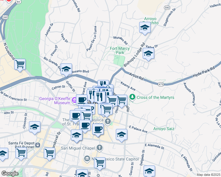 map of restaurants, bars, coffee shops, grocery stores, and more near 509 Paseo De Peralta in Santa Fe