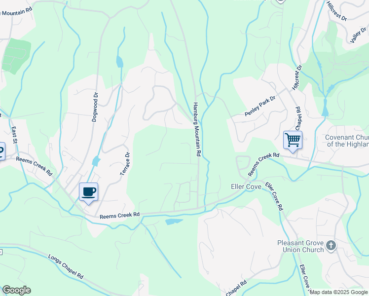 map of restaurants, bars, coffee shops, grocery stores, and more near 18 Lola Peyton Drive in Weaverville