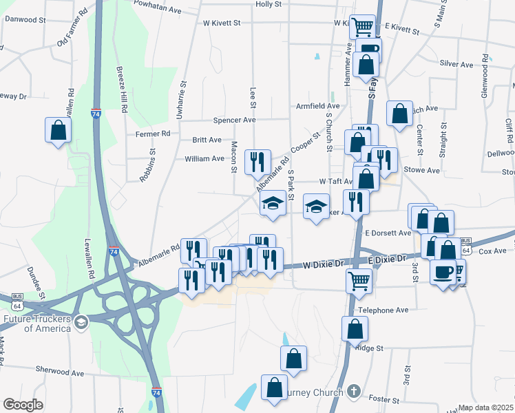 map of restaurants, bars, coffee shops, grocery stores, and more near 523 West Walker Avenue in Asheboro