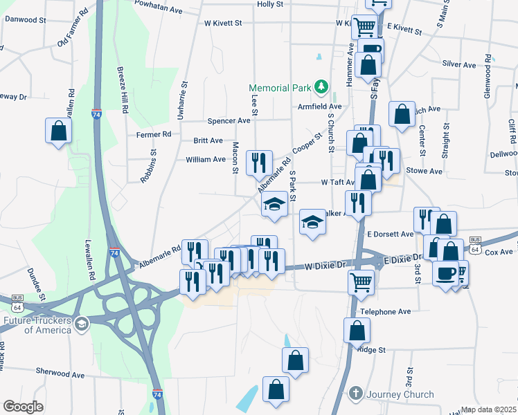 map of restaurants, bars, coffee shops, grocery stores, and more near 523 West Walker Avenue in Asheboro