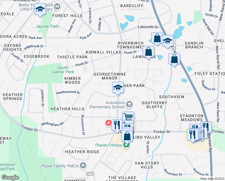 map of restaurants, bars, coffee shops, grocery stores, and more near 104 Tartan Court in Garner