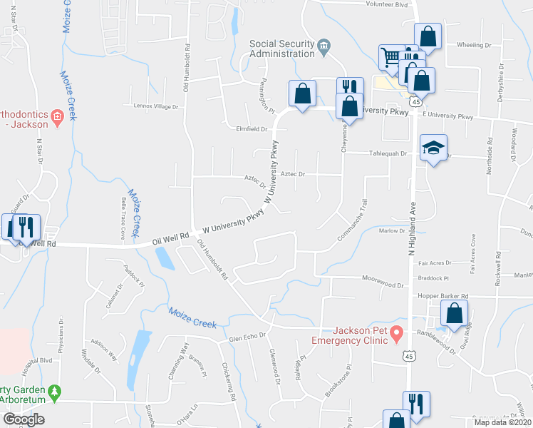 map of restaurants, bars, coffee shops, grocery stores, and more near 364 West University Parkway in Jackson