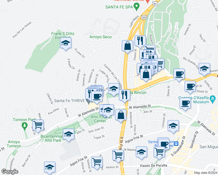 map of restaurants, bars, coffee shops, grocery stores, and more near 963 Rio Vista Street in Santa Fe