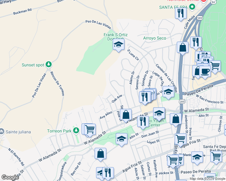 map of restaurants, bars, coffee shops, grocery stores, and more near 205 Spruce Street in Santa Fe