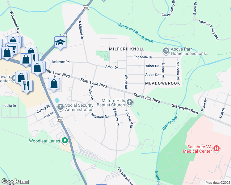 map of restaurants, bars, coffee shops, grocery stores, and more near 1445 Statesville Boulevard in Salisbury