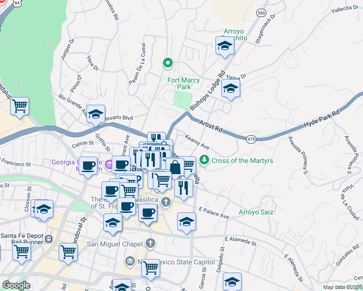 map of restaurants, bars, coffee shops, grocery stores, and more near 334 Otero Street in Santa Fe