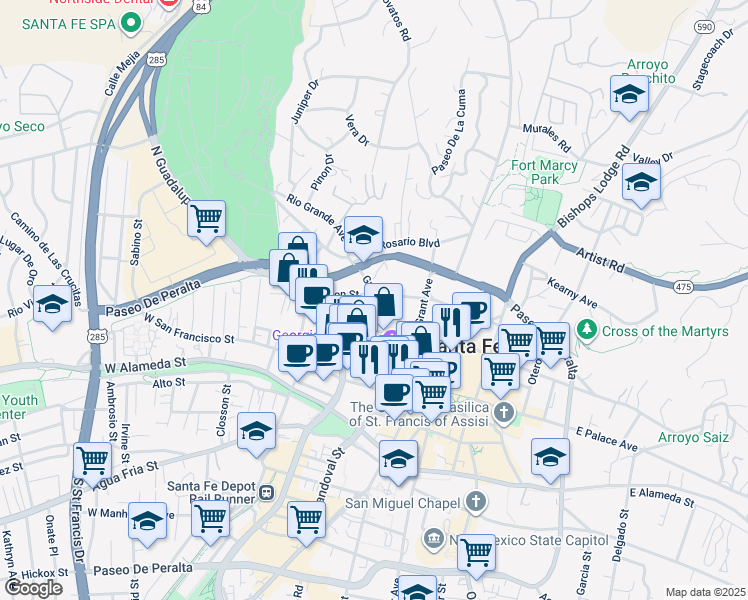 map of restaurants, bars, coffee shops, grocery stores, and more near 240 Griffin St in Santa Fe
