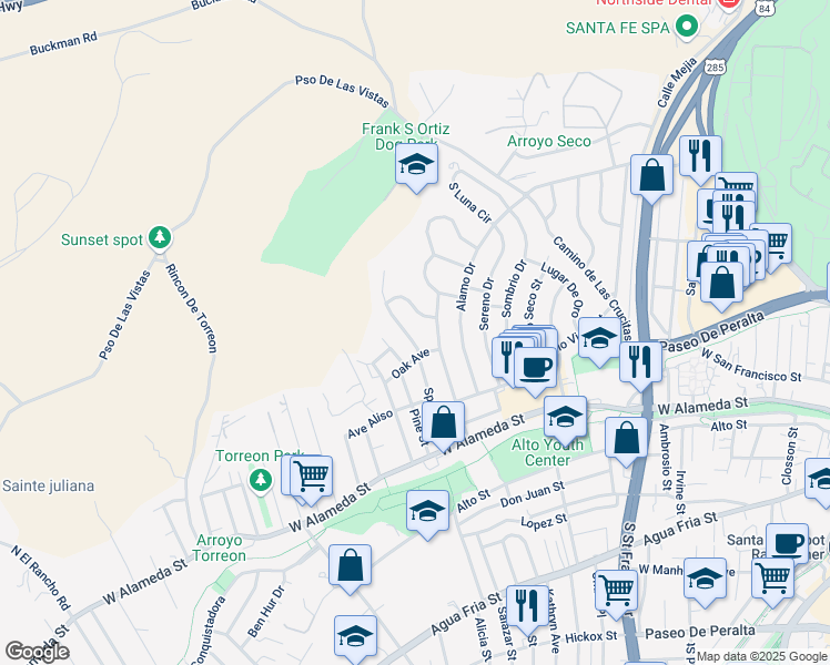 map of restaurants, bars, coffee shops, grocery stores, and more near 205 Spruce Street in Santa Fe