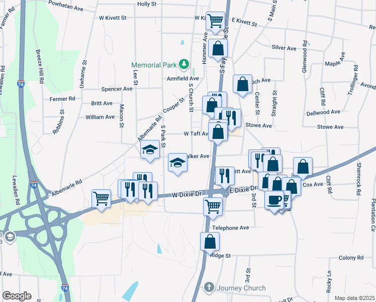 map of restaurants, bars, coffee shops, grocery stores, and more near 1130 South Church Street in Asheboro