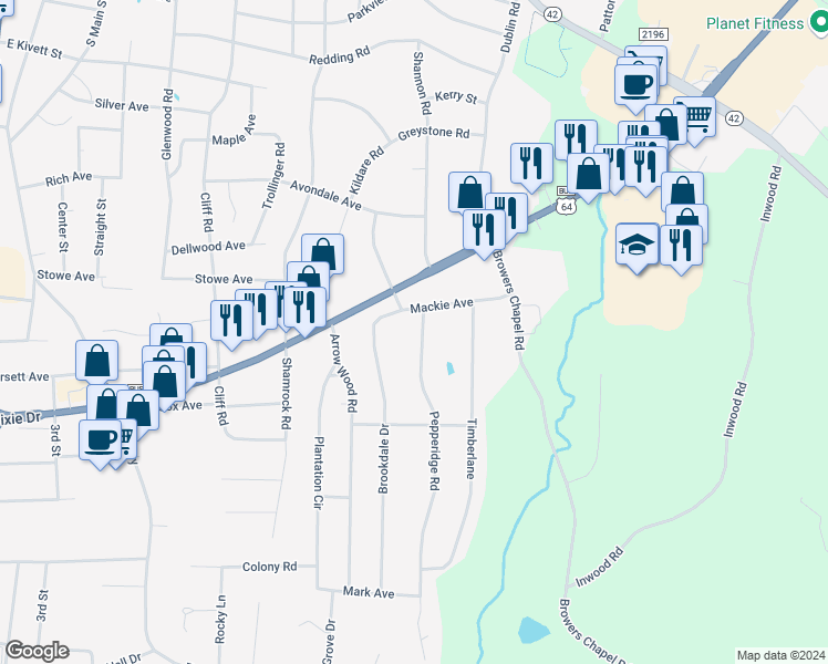 map of restaurants, bars, coffee shops, grocery stores, and more near 1200 Pepperidge Road in Asheboro