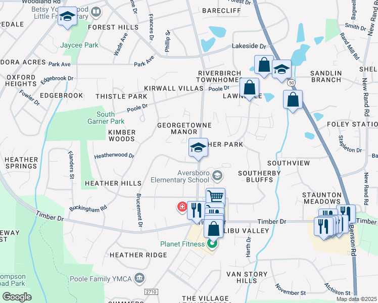 map of restaurants, bars, coffee shops, grocery stores, and more near 104 Tartan Court in Garner