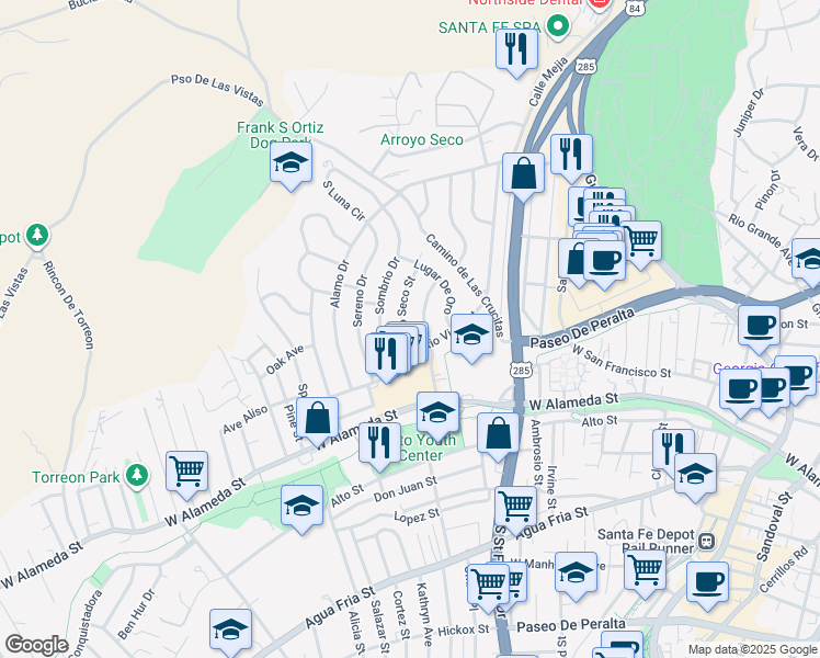 map of restaurants, bars, coffee shops, grocery stores, and more near 127 Rio Seco Street in Santa Fe