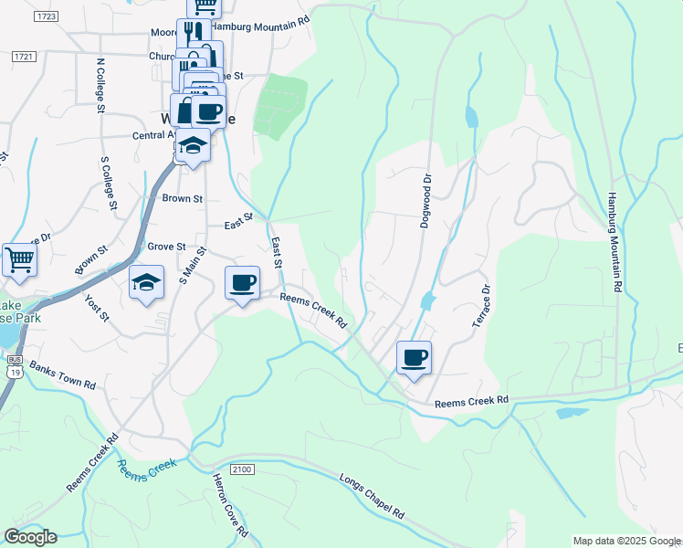 map of restaurants, bars, coffee shops, grocery stores, and more near 2 Shanna Drive in Weaverville