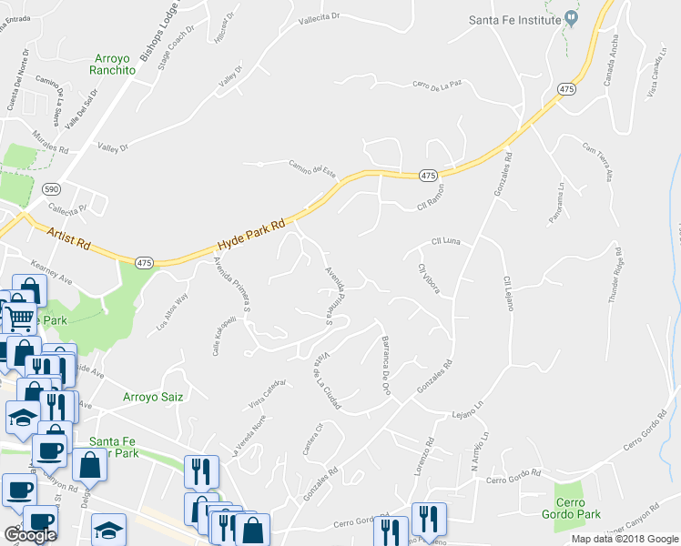 map of restaurants, bars, coffee shops, grocery stores, and more near 785 Avenida Primera South in Santa Fe